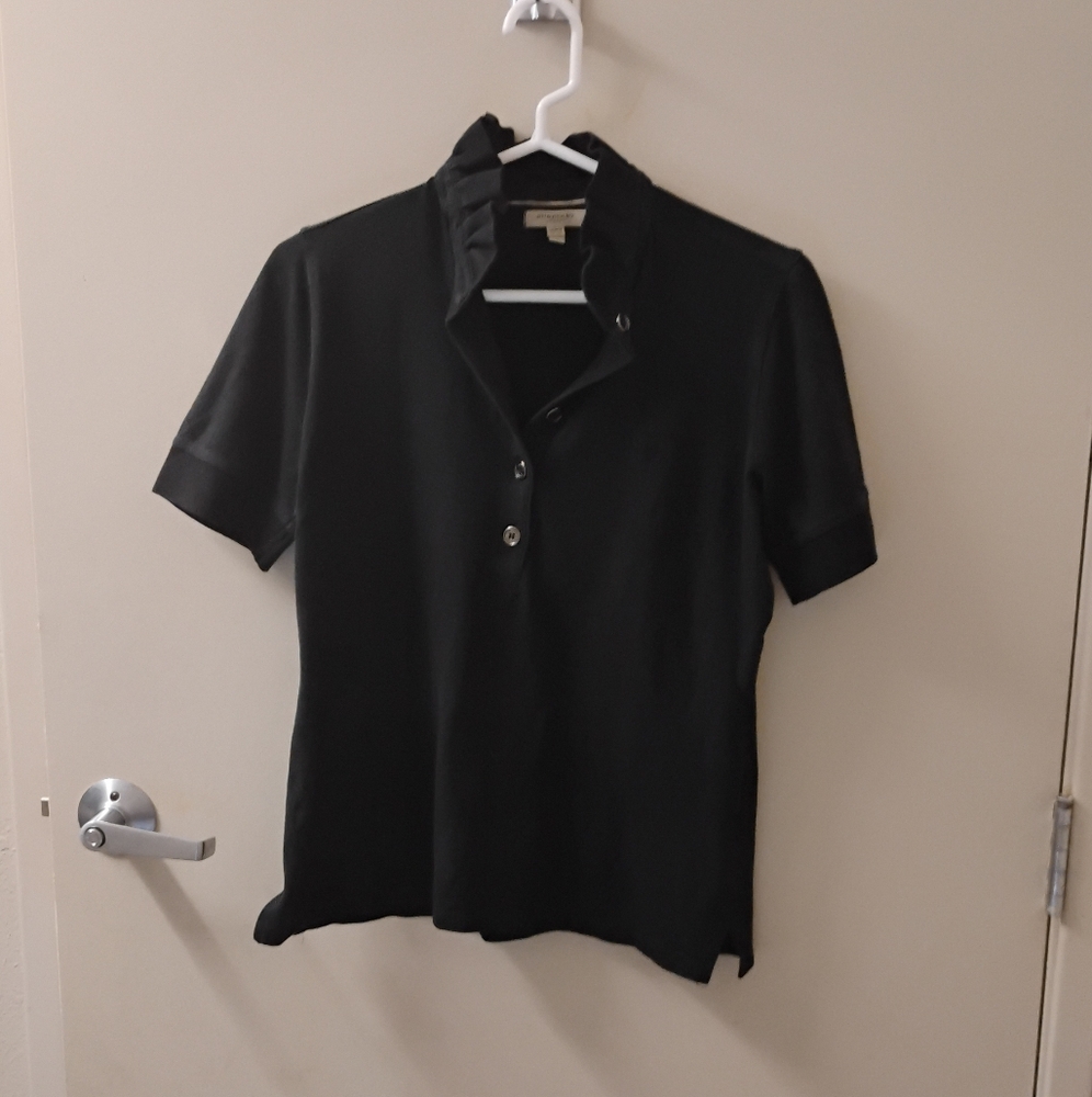 Burberry Womens Y2K Style Black Ruffled Collare Polo Short Sleeve Top